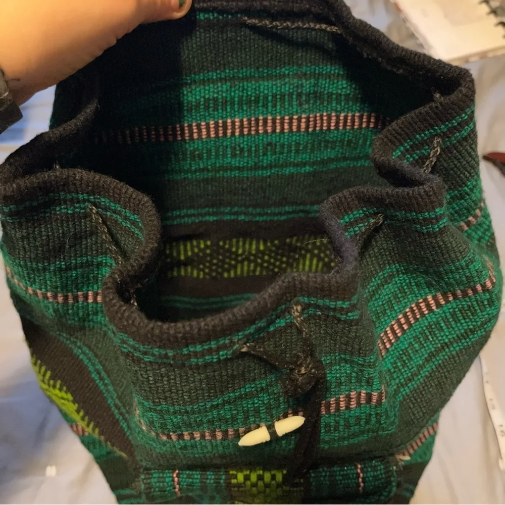 Hispanic / Latin American Green Plaid Print Knit Canvas Backpack